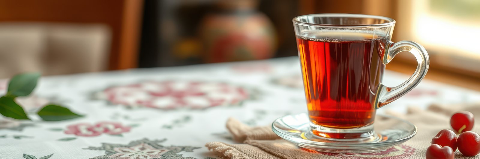Warm cup of herbal tea on a decorative table with fresh berries and soft lighting in a cozy indoor setting